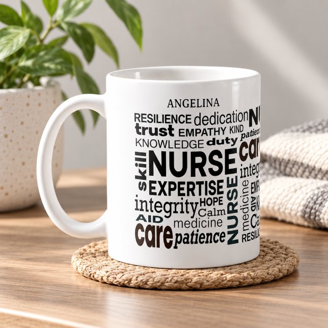 Krankenschwester Werte Wrap-around Schwarzer Text  Kaffeetasse (Von Creator hochgeladen)