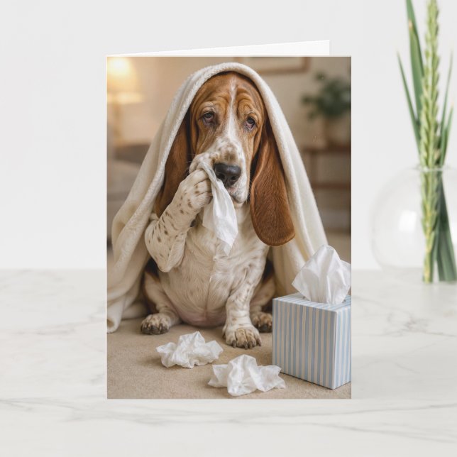 Kranker Basset Hound mit Taschentüchern Karte (Vorderseite)