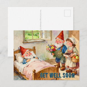 Kranker Gartenzwerg zu Hause mit Besuchern 4 Postkarte