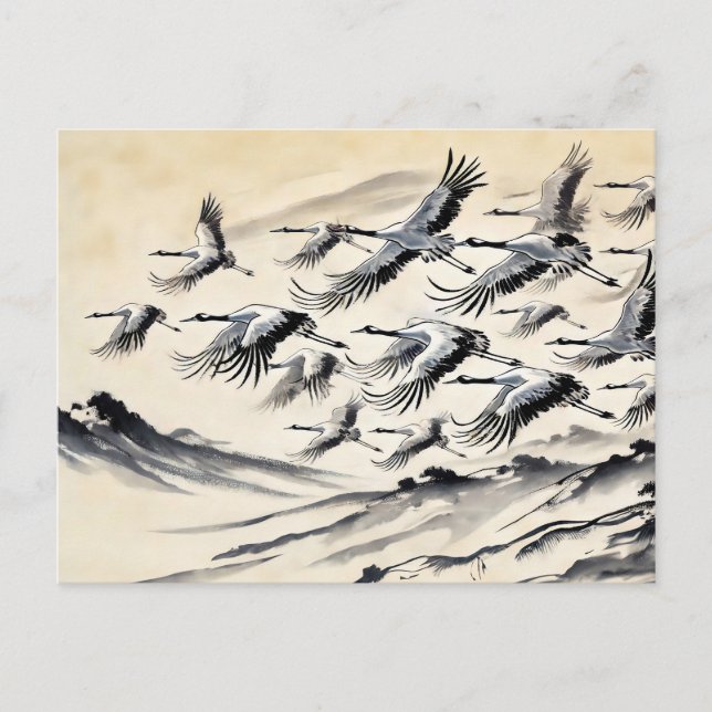 Kranmigration über Berge Chinesische Tinte Farbe F Postkarte (Vorderseite)
