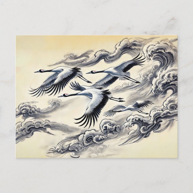 Kranmigration über Berge Chinesische Tinte Farbe F Postkarte (Vorderseite)