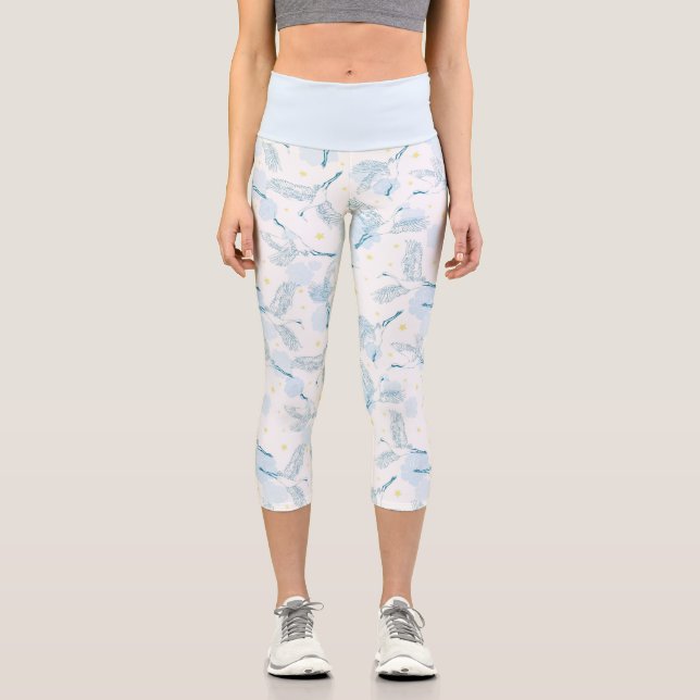 Kranvögel Gelbe Sterne Blau Capri Leggings (Vorderseite)
