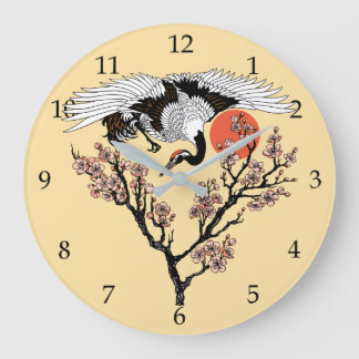 Kranvogel und blühende Sakura Große Wanduhr