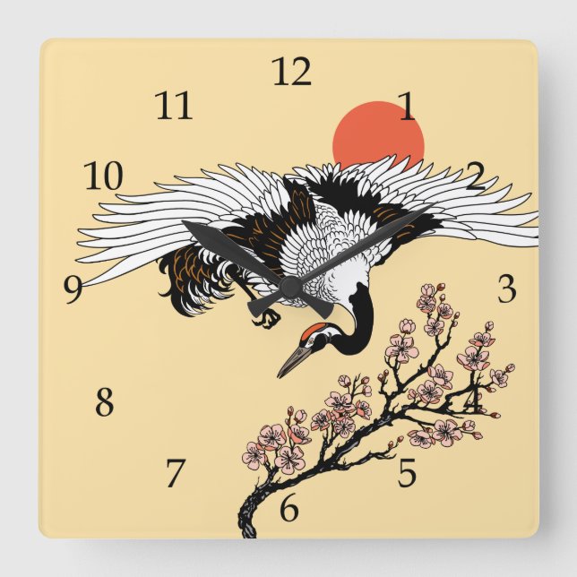 Kranvogel und blühende Sakura Quadratische Wanduhr (Vorderseite)