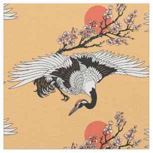 Kranvogel und blühende Sakura Stoff