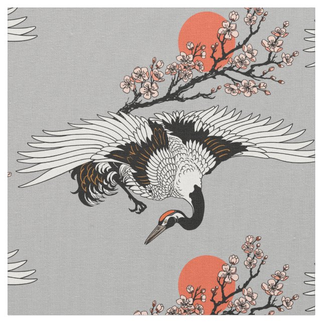 Kranvogel und blühende Sakura Stoff (Nahaufnahme)