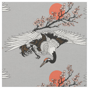 Kranvogel und blühende Sakura Stoff