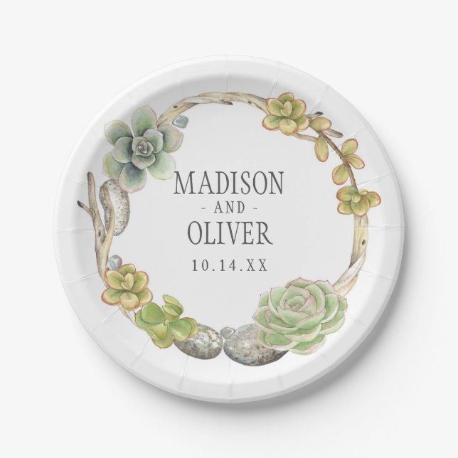 Kranz der Wedding Succulents, der Zweige und der Pappteller (Vorderseite)