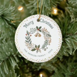 Kranz Laub Gold Glitter Weihnachten Familienfoto Keramik Ornament