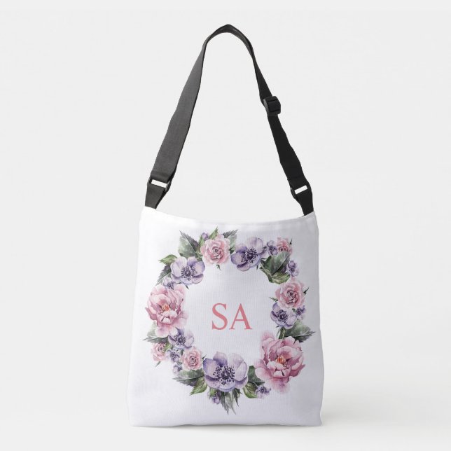 Kranz Lila Blume Mit Monogramm Tote Beutel Tragetaschen Mit Langen Trägern (Vorderseite)
