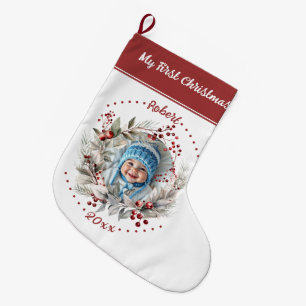 Kranz mit Grün Baby's First Christmas Foto Großer Weihnachtsstrumpf