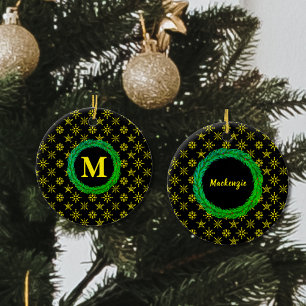 Kranz Monogramm Dein Name Schwarz Gelb Schneeflock Keramik Ornament