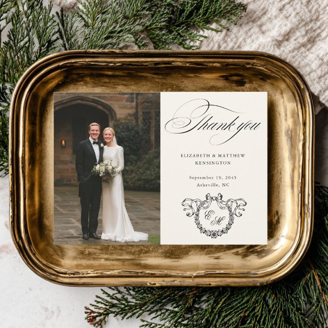 Kranz-Monogramm Elegante Kalligrafie-Hochzeit Dankeskarte (Von Creator hochgeladen)