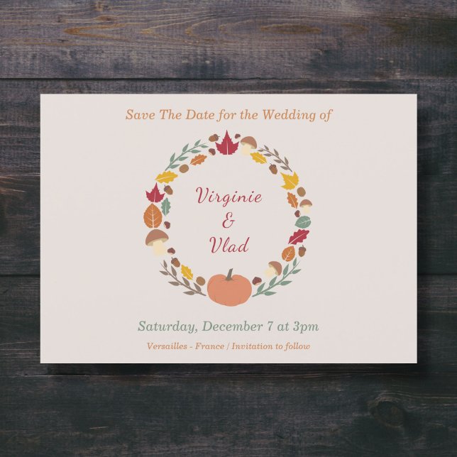 Kranz und Hochzeit im Herbst Save the Date Einladung (Wreath & Fall Wedding Save The Date Invitation - Front)