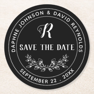 Kranz Vintage Monogramm Schwarz Save-the-Date Runder Pappuntersetzer