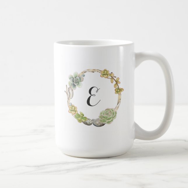 Kranz von Succulents, von Zweigen und Monogramm Kaffeetasse (Rechts)