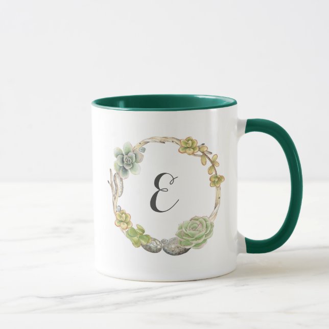 Kranz von Succulents, von Zweigen und Monogramm Tasse (Rechts)