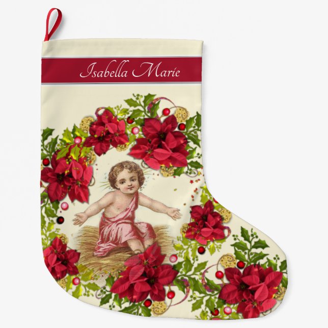 Kranz Weihnachtsbaby-Jesuss Pointsettia Großer Weihnachtsstrumpf (Vorderseite)