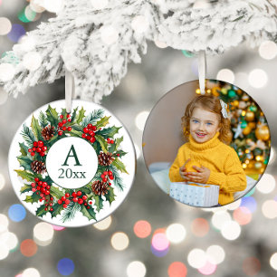 Kranz Zapfen Beeren Foto Monogramm Jahr Keramik Ornament