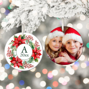 Kranzfoto-Monogramm-Jahr der Poinsettie Keramik Ornament