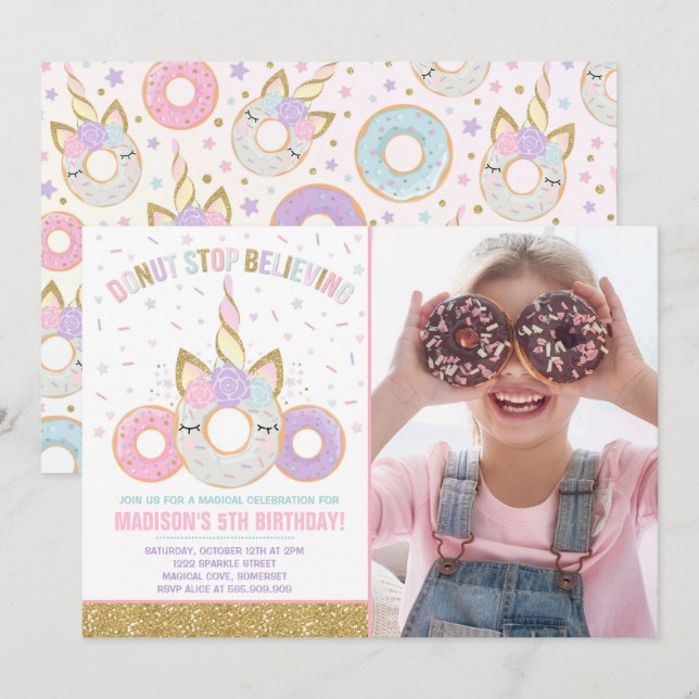 Krapfen-und Einhorn-Einladungs-Krapfen-Endglauben Einladung (Vorne/Hinten)