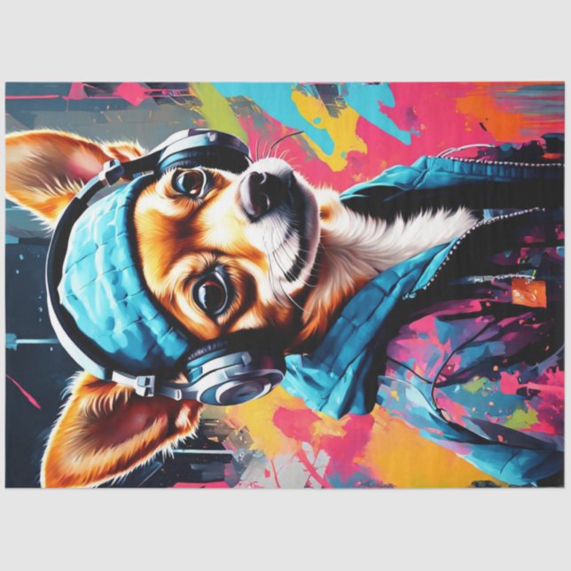 Krasse Chihuahua mit Beanie & Kopfhörer-Decoupage Seidenpapier (Vorderseite)