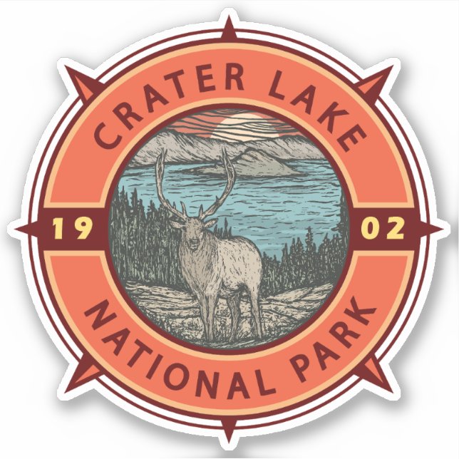 Krater Lake Nationalpark Elk Retro Kompass Emblem Aufkleber (Vorderseite)