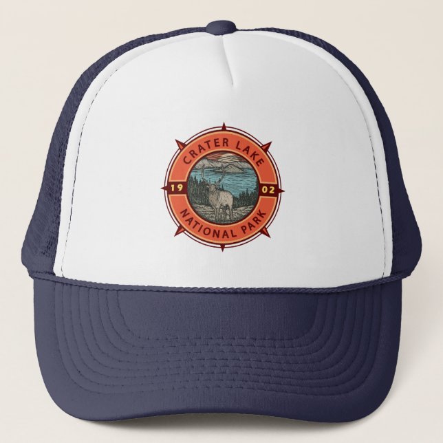 Krater Lake Nationalpark Elk Retro Kompass Emblem Truckerkappe (Vorderseite)