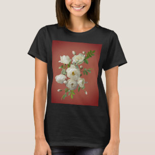 Kraut von weißen Rosen auf dunkelrotem Hintergrund T-Shirt