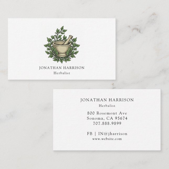 Kräuterpflanze Illustriert Mortar Pestle Visitenkarte (Vorne/Hinten)
