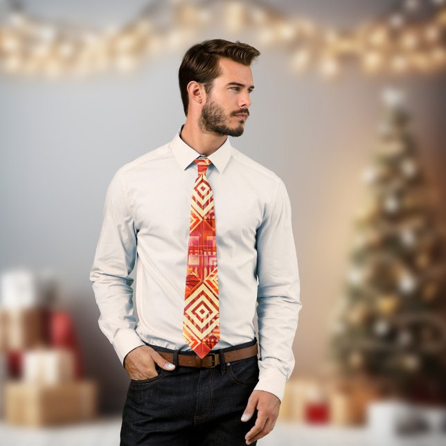 Krawatte des Abstrakten Musters (Tie featuring a unique geometric patterned design in ivory yellow and reds. Beautiful for Christmas)