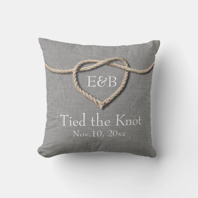 Krawatte des Knot-Gray-Burlap-Hochzeitskissen Kissen (Vorderseite)
