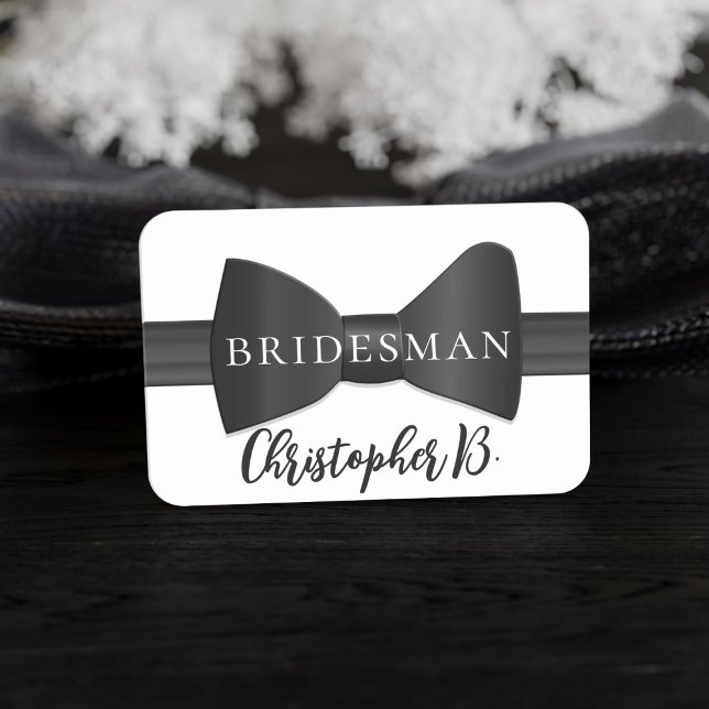 Krawatte für die Hochzeitsnahrung in Schwarz und W Namensschild (Attach this name tag to any member of your wedding party. Just add their name)