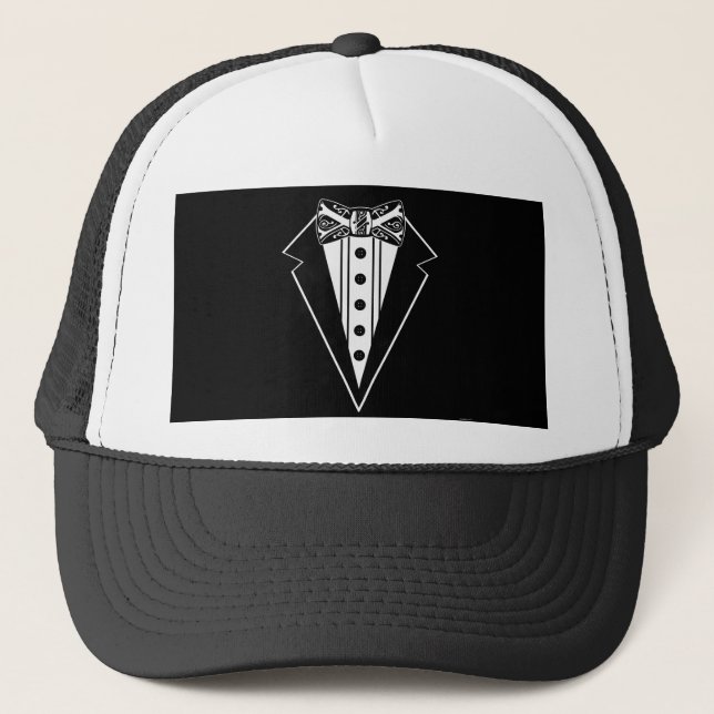 Krawatte mit schwarzem und weißem Bow mit Tux Truckerkappe (Vorderseite)