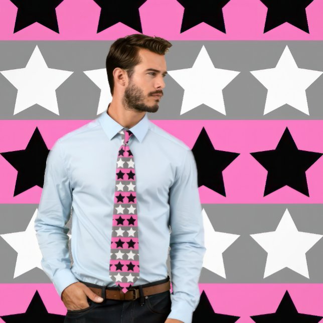 Krawatte mit Stars, grau, weiß und schwarz (Man wears a Hot Pink, Gray, White & Black Striped Tie w/ Stars
)