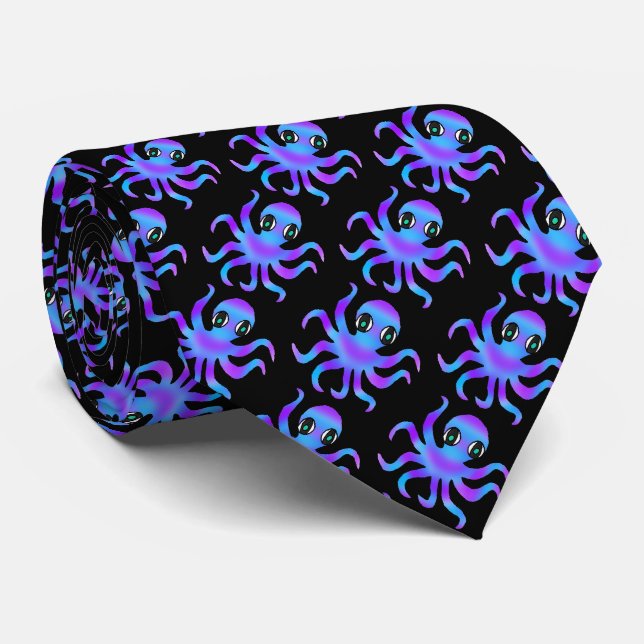Krawatte (schwarz) - Blau Violette Octopus (Gerollt)