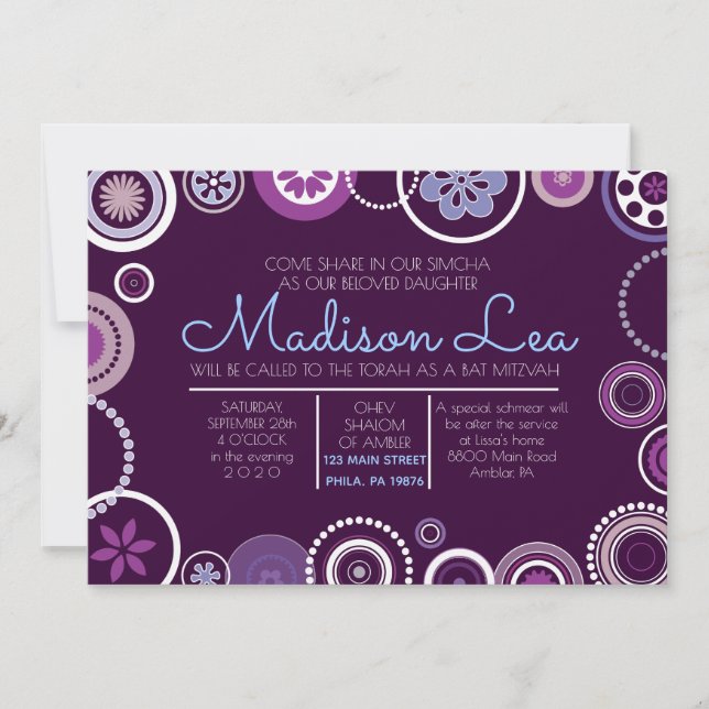 KRAZY POLKA DOT Bat Mitzvah Einladung Lila (Vorderseite)