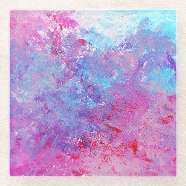 Kreative pink-blaue Textur, Farbflecken. Glasuntersetzer (Vorderseite)