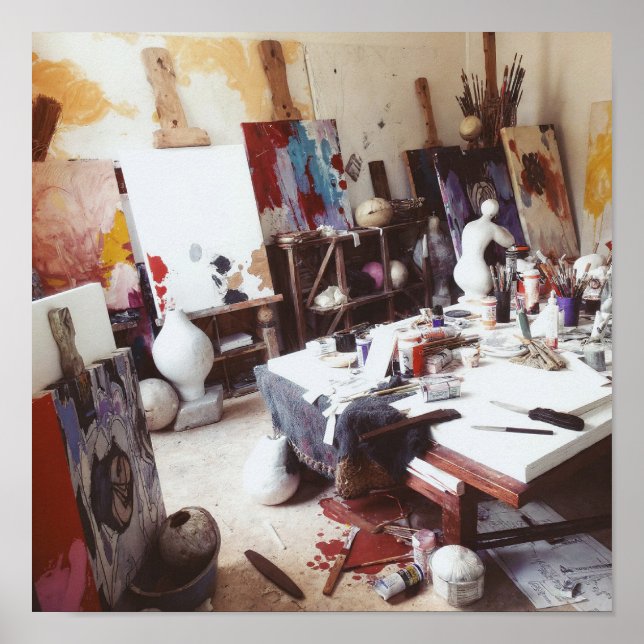 Kreatives Chaos: Dynamischer Arbeitsbereich des Kü Poster (Vorne)