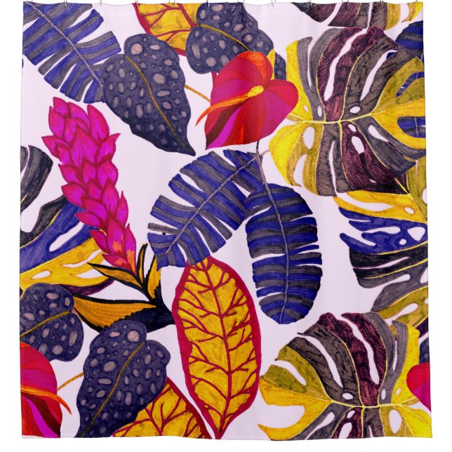 Kreatives, nahtloses Muster mit tropischen Blätter Duschvorhang (Vorderseite)