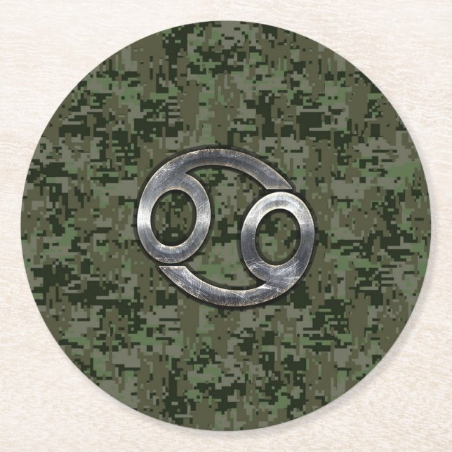 Krebs-Zodiac-Zeichen auf Olive Green Digital-Camou Runder Pappuntersetzer (Vorderseite)