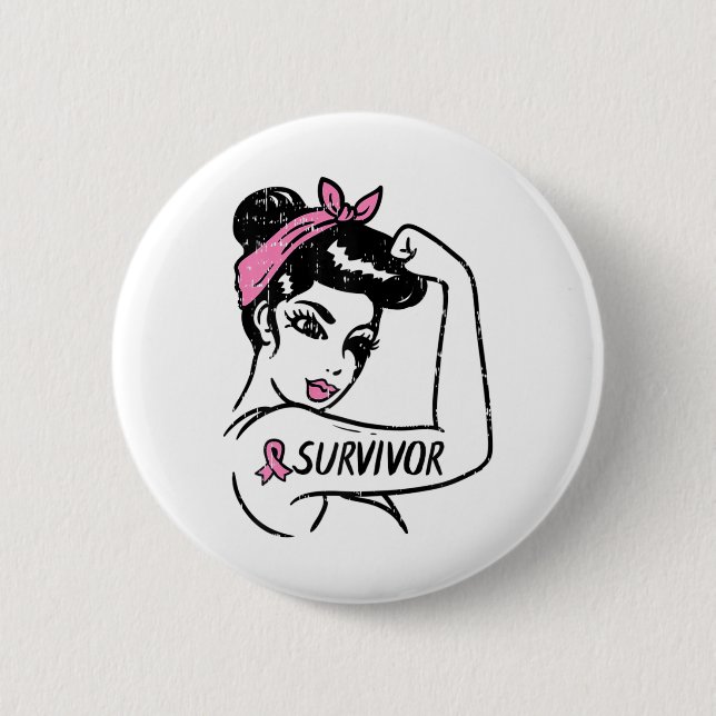 Krebsüberlebung Rosie Riveter Pink Awareness Women Button (Vorderseite)