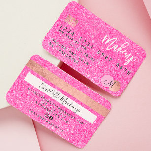 Kreditkarte Neon Pink Glitzer Make-up Haar Monogra Visitenkarte