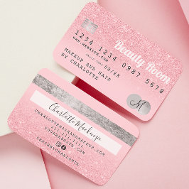 Kreditkarte Rosa Glitzer Schönheit Silber Monogram Visitenkarte