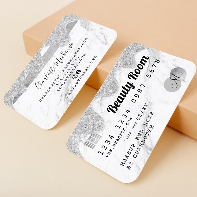 Kreditkarte Silber Glitzer Tropfen Marmor Schönhei Visitenkarte (Von Creator hochgeladen)