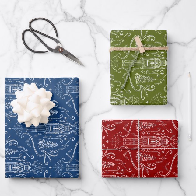 Kreide-Nussknacker-Gekritzel Weihnachten  Geschenkpapier Set (Vorderseite)
