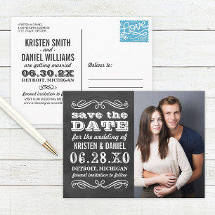 Kreidetafel geteiltes Foto Save-the-Date Ankündigungspostkarte