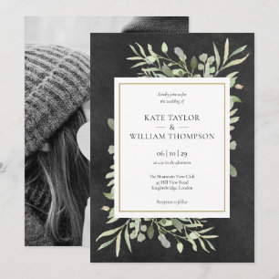 Kreidetafel Gold Geometrisches Grünzeug Foto Hochz Einladung