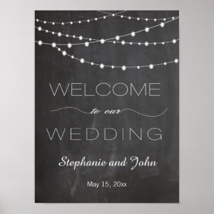 Kreidetafel Lichterkette Willkommens Hochzeitsschi Poster