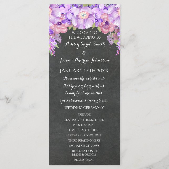 Kreidetafel Lila Lavendel Blumen Hochzeitsprogramm Programm (Vorderseite)
